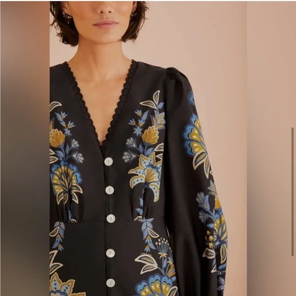new Farm Rio stitched garden black floral midi long sleeve dress - Picture 2 of 8